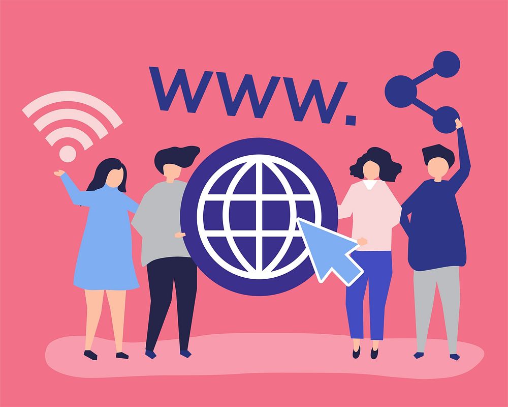 Character illustration of people holding world wide web icons