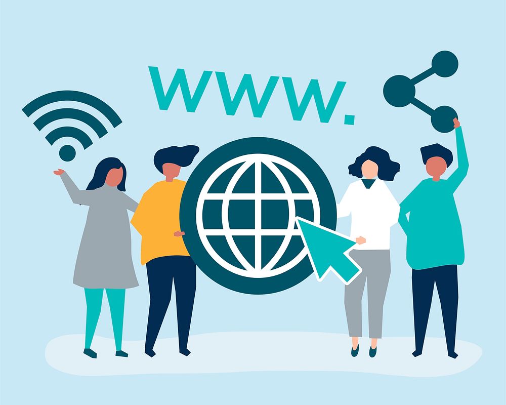 Character illustration of people holding world wide web icons