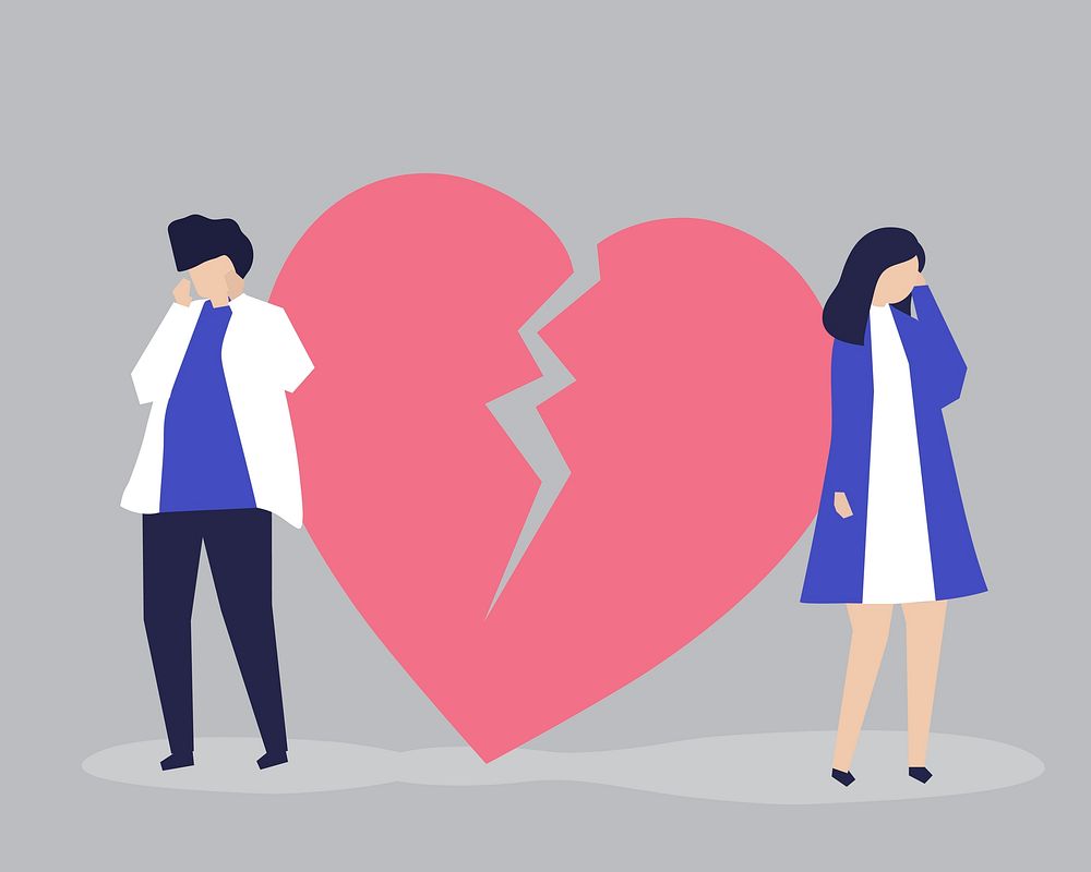 Character illustration of couple with a heartbreak icon