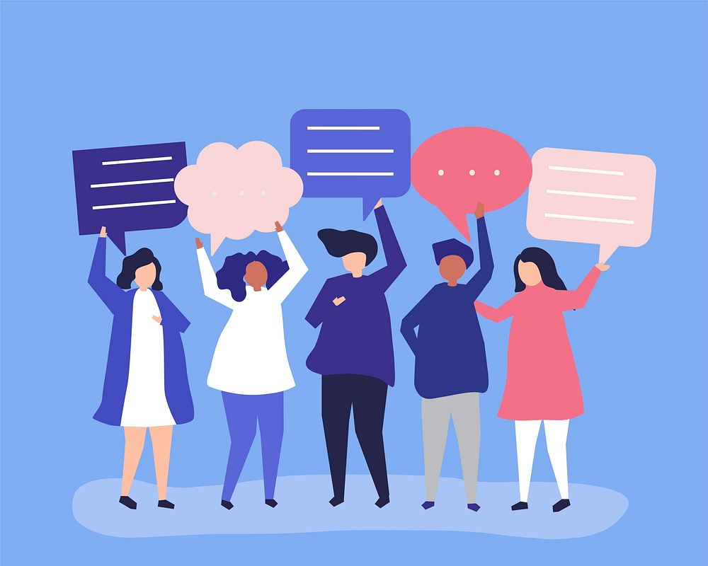 Character illustration of people holding speech bubbles