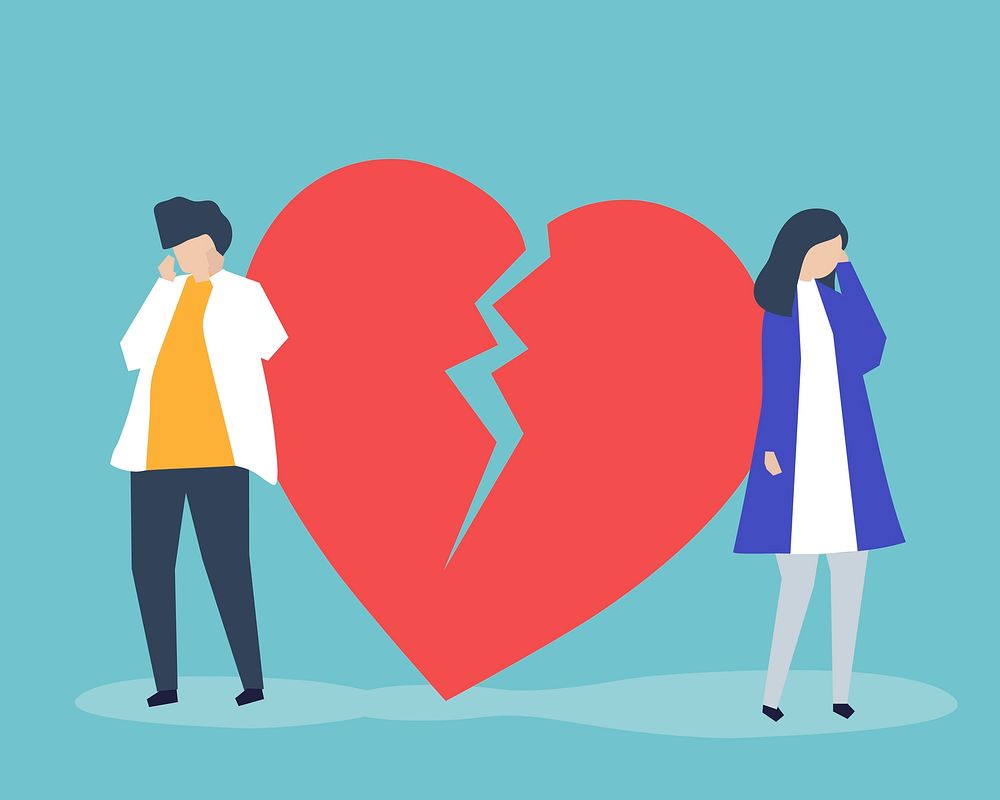 Illustration of a couple with a heart break icon