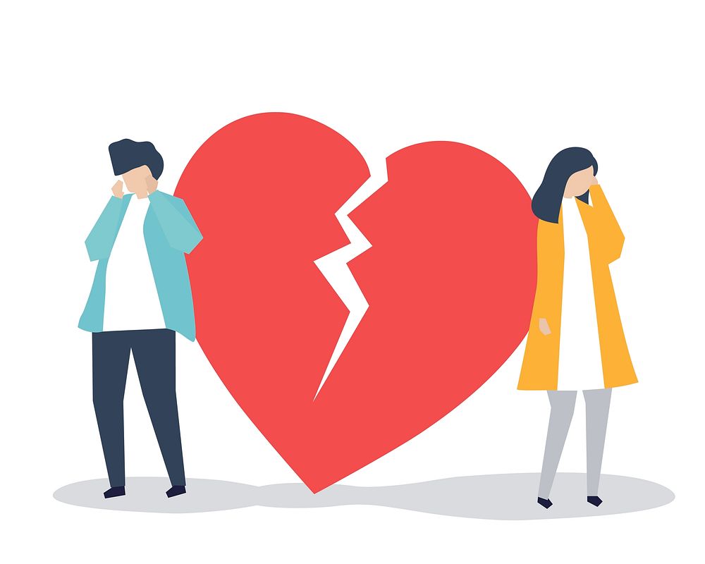 Illustration of a couple with a heart break icon