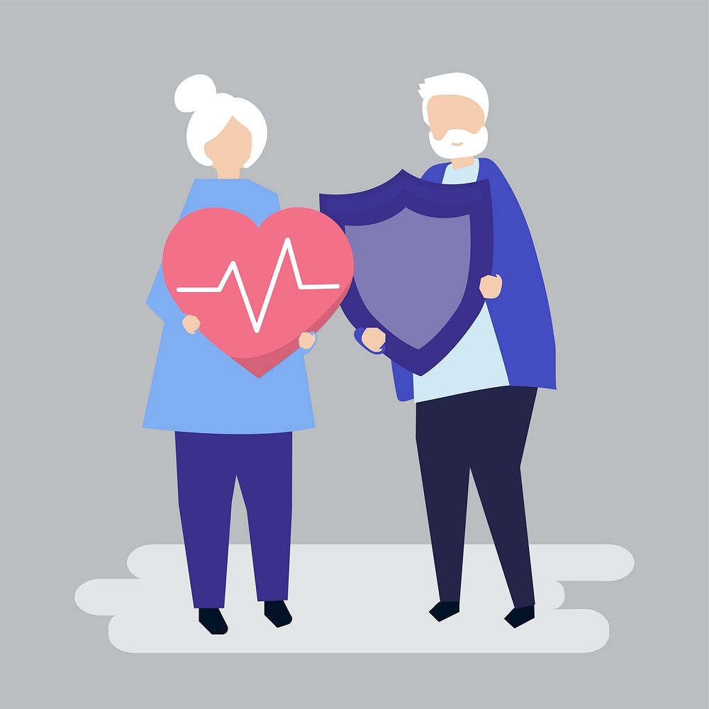 Senior couple holding health insurance icons