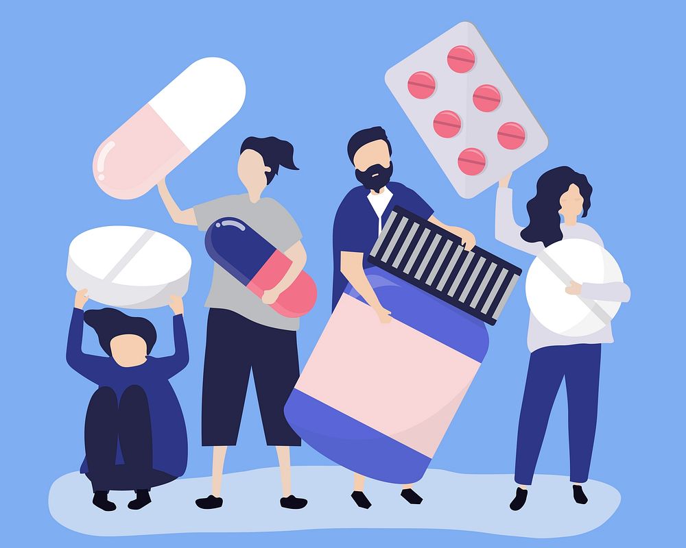 Characters of people holding pharmaceutical icons illustration