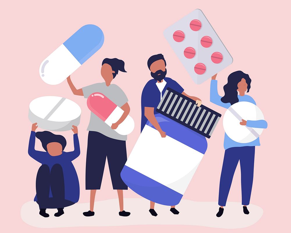Characters of people holding pharmaceutical icons illustration