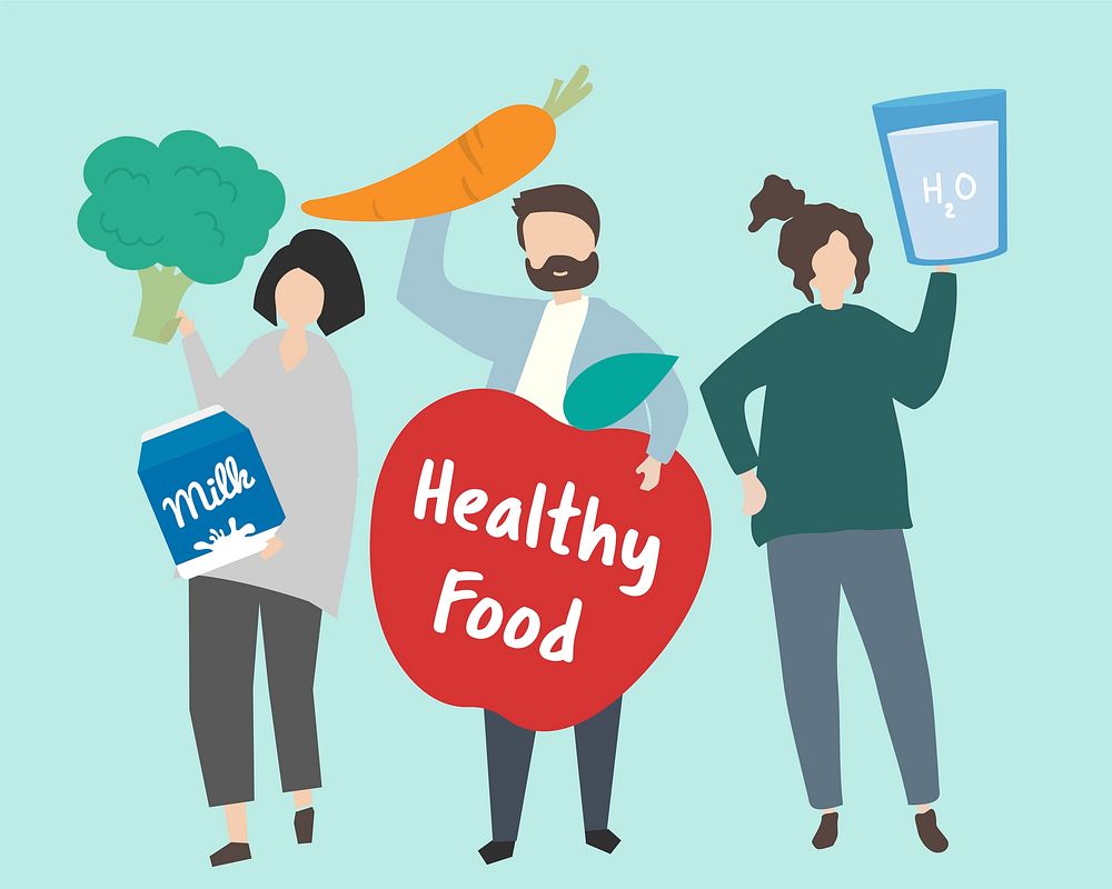 People with healthy food illustration