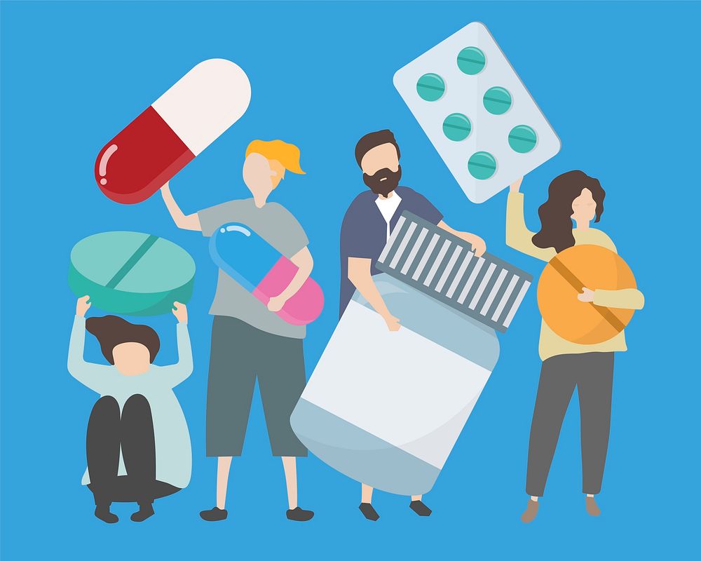 People with various drugs and pills illustration