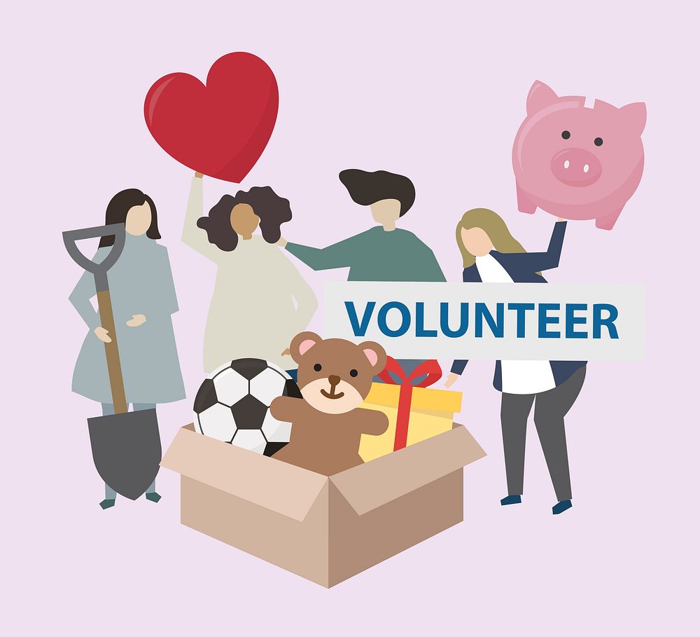 Volunteers with charity icons illustration