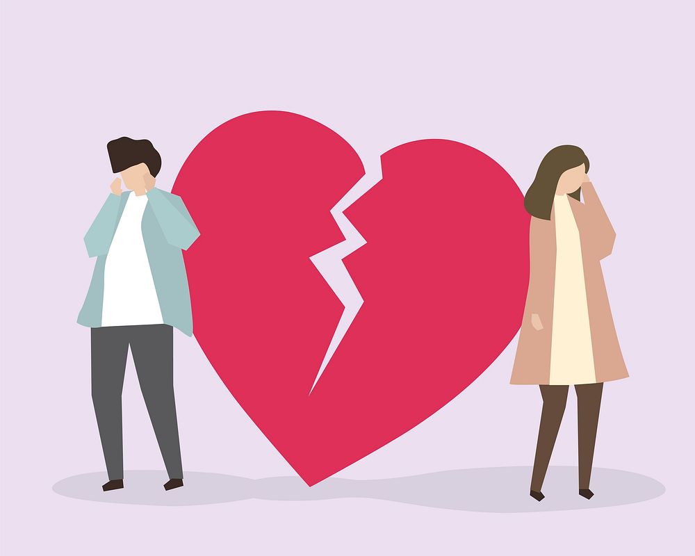 A couple crying due to a broken heart illustration