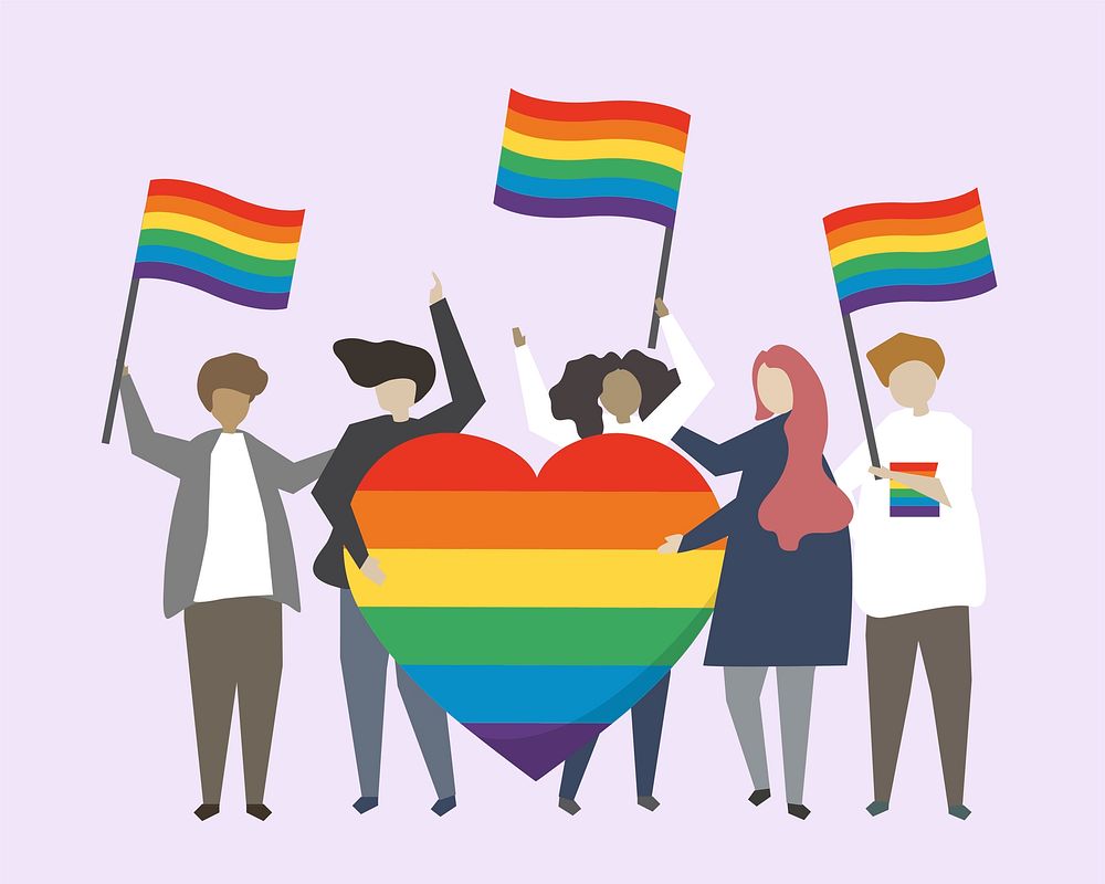 People with LGBTQ rainbow flags illustration