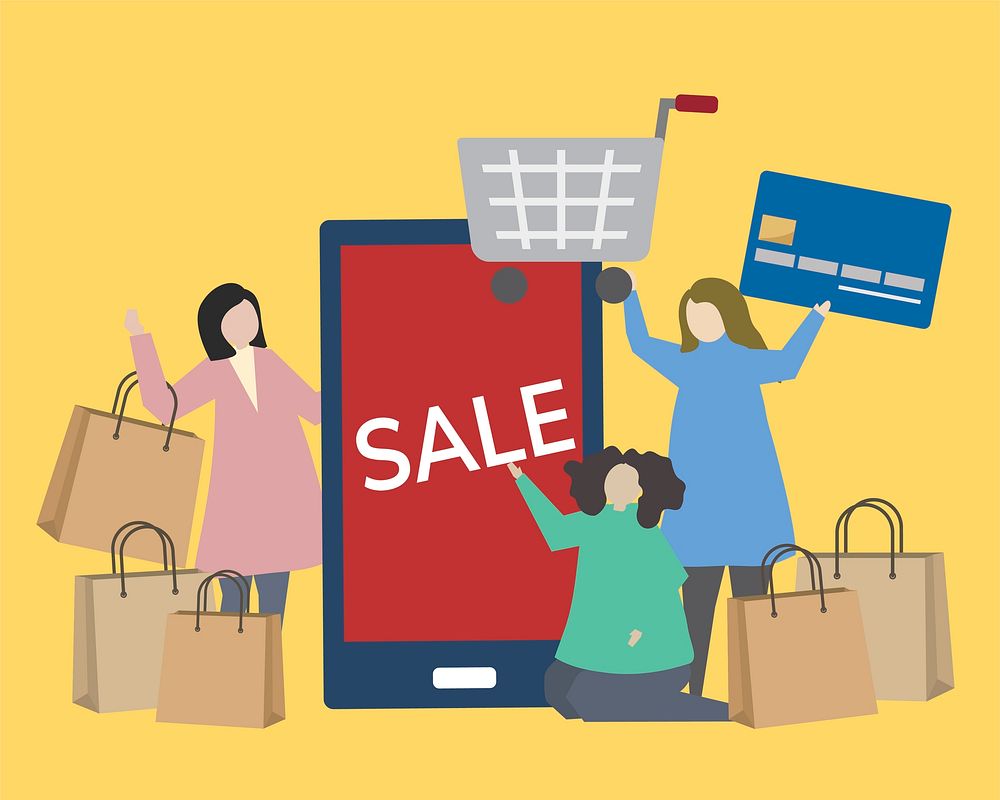 People with shopping icons illustration