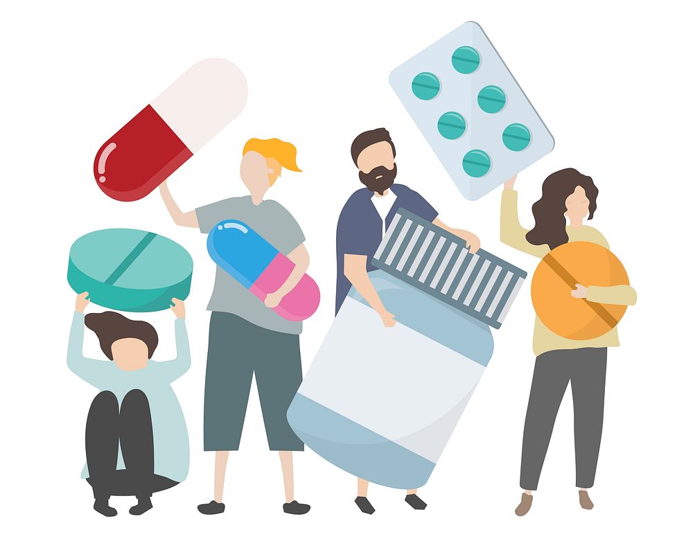 People holding pharmaceutical icons illustration