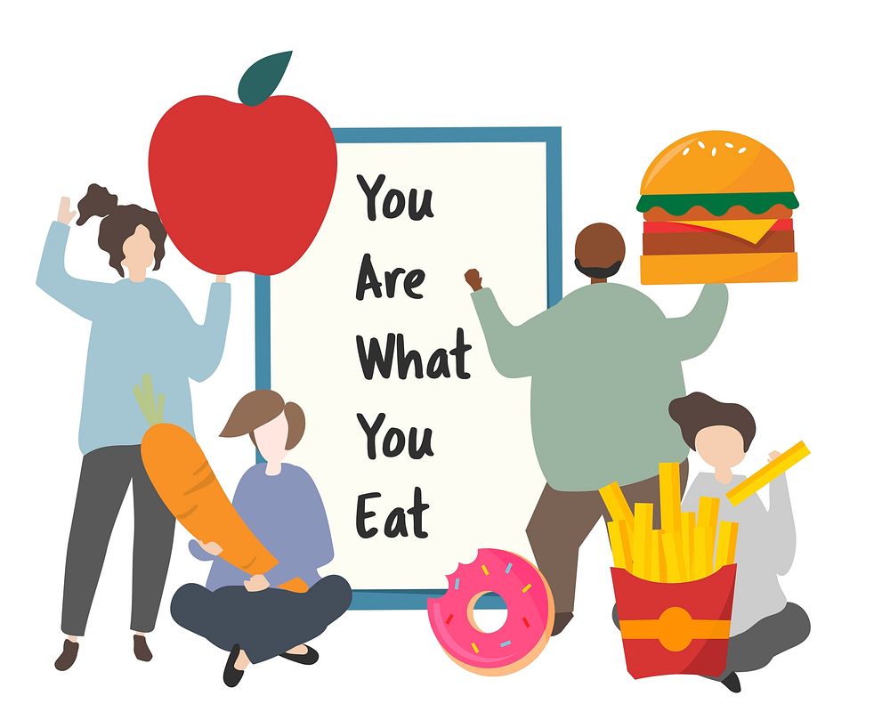 People with healthy and unhealthy food illustration