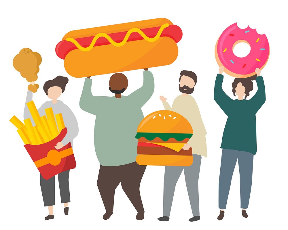 People holding junk food illustration