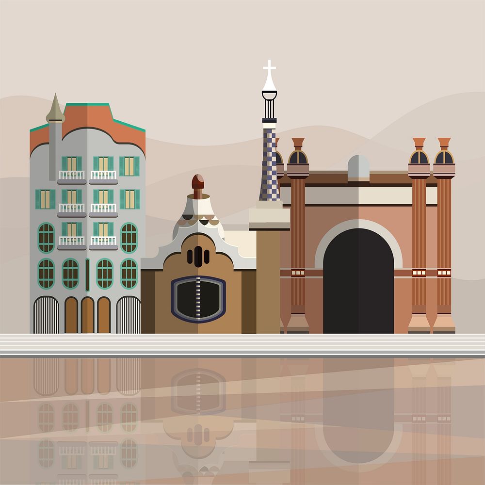 Illustration of tourist attractions in Barcelona Spain