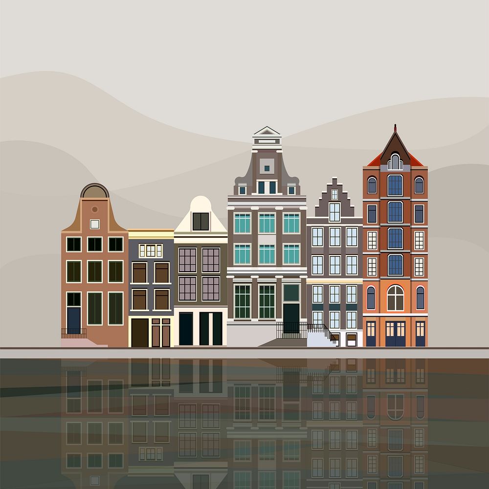 Illustration of traditional European canal houses in Amsterdam
