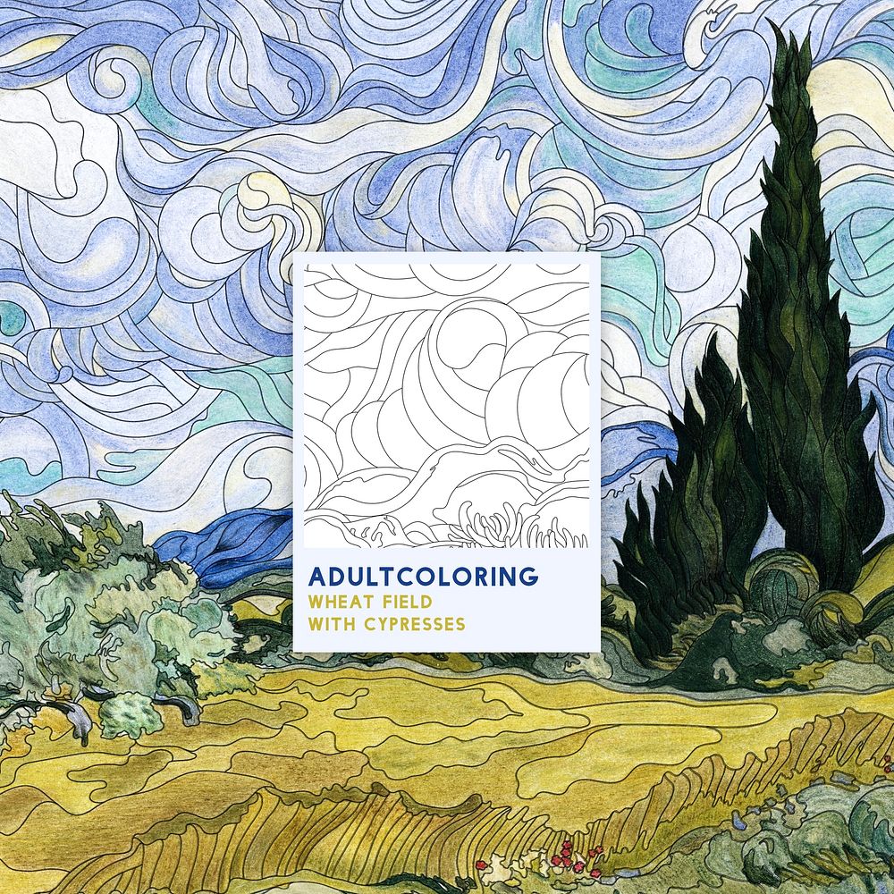 Wheat Field with Cypresses (1889-1890) by Vincent van Gogh : adult coloring page