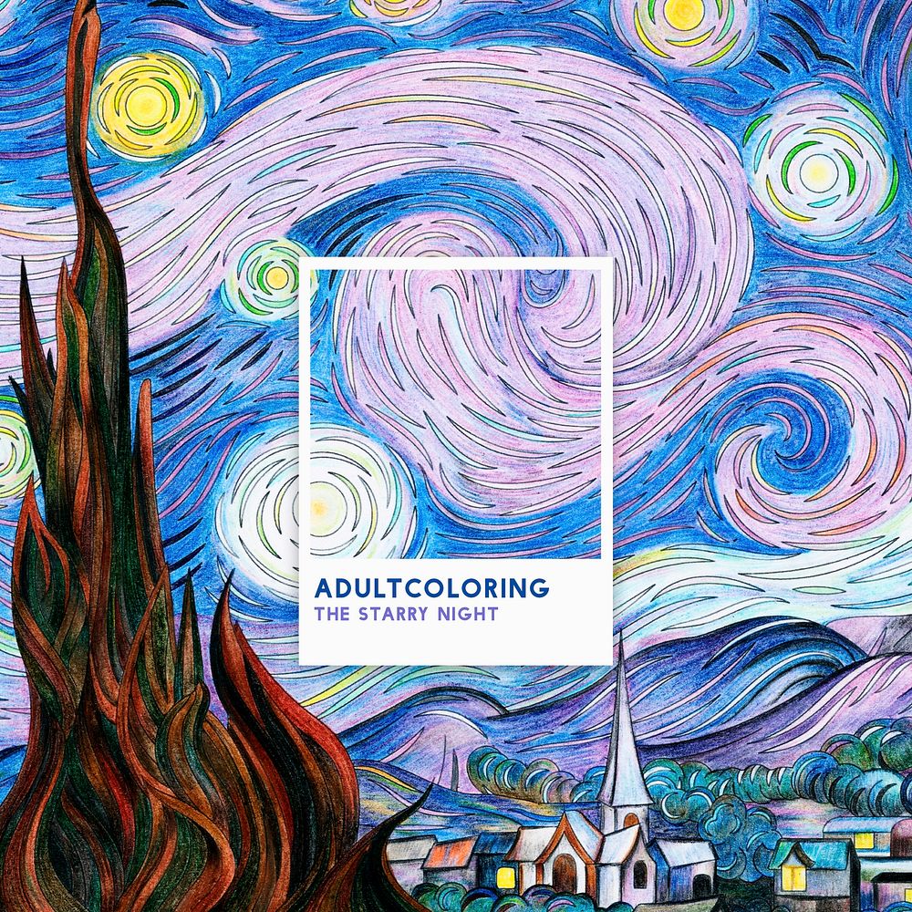 The Starry Night (1889) by Vincent van Gogh: adult coloring page