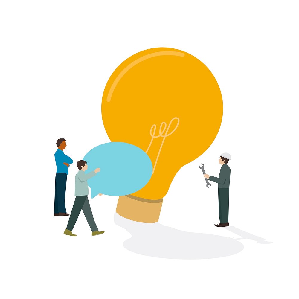 Illustrated businesspeople brainstorming light bulb icon