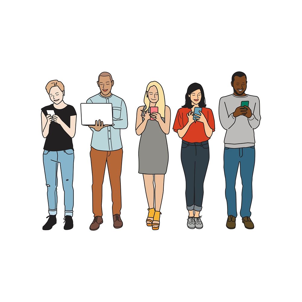 Illustration of diverse people using digital devices