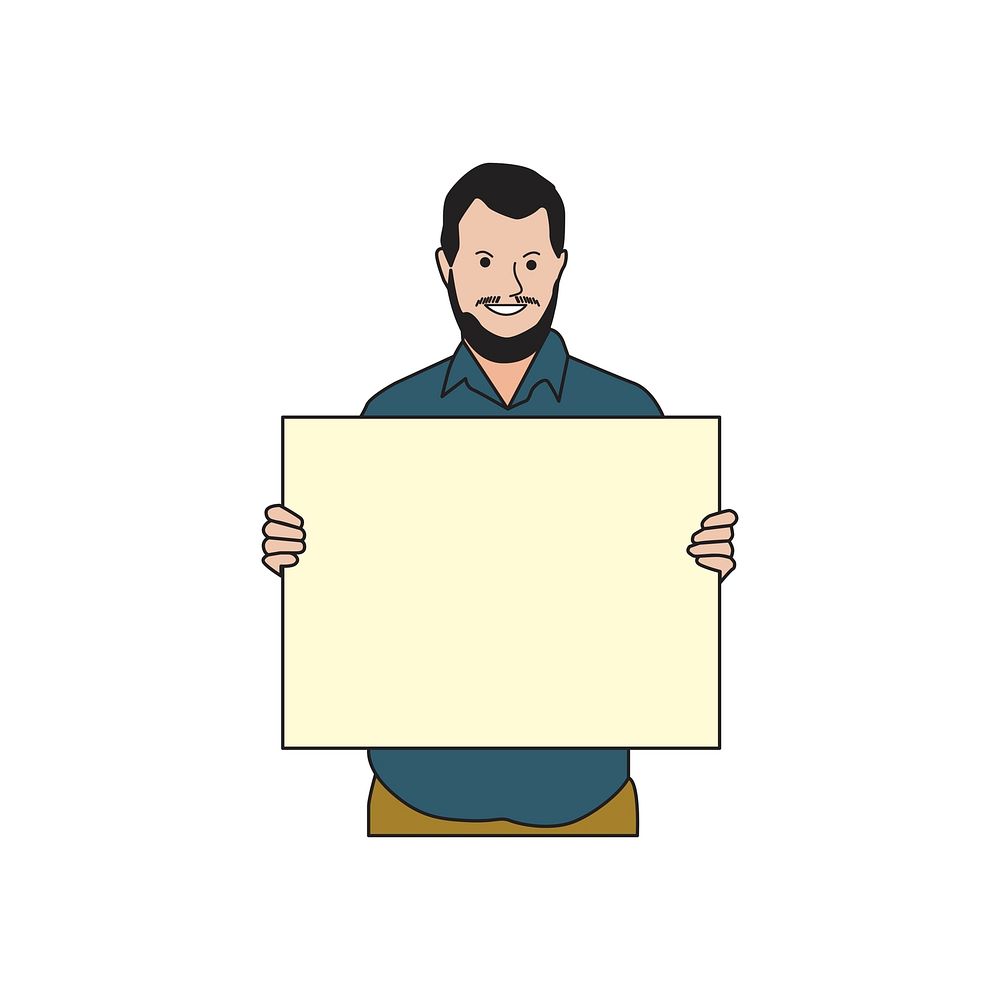 Illustrated bearded man holdin blank paper