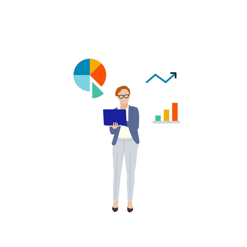 Illustrated business woman with data analysis graph