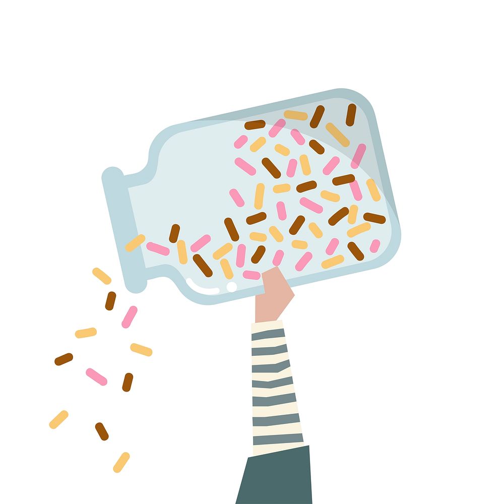 Illustration of a  hand holding a bottle of rainbow sprinkle