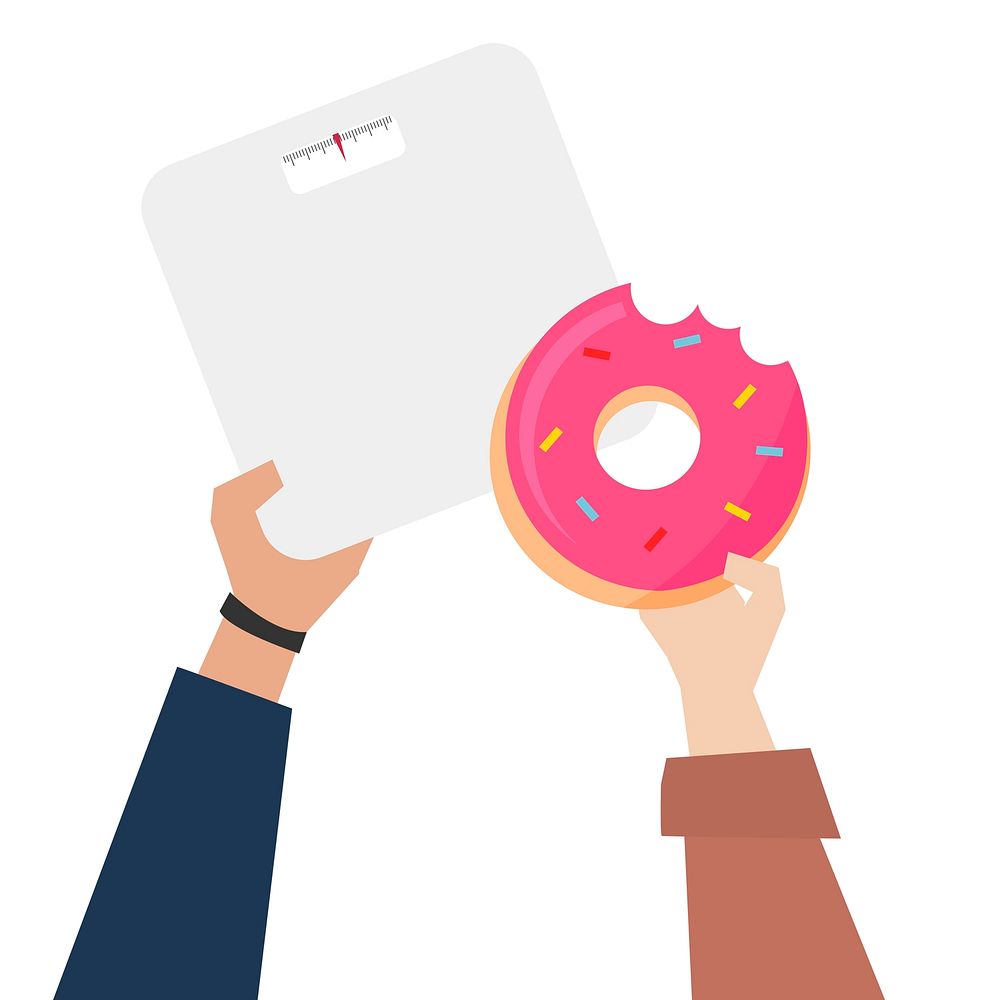 Hands showing donut with weight scale illustration