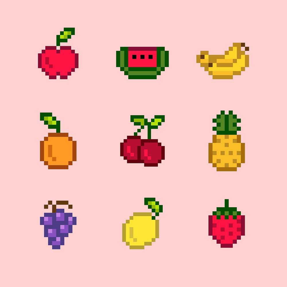 Collection of mixed pixelated fruits