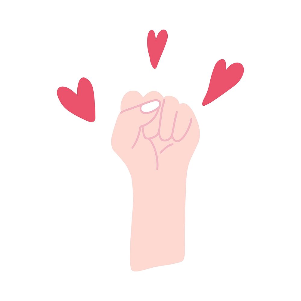 Feminist fist surrounded by hearts vector