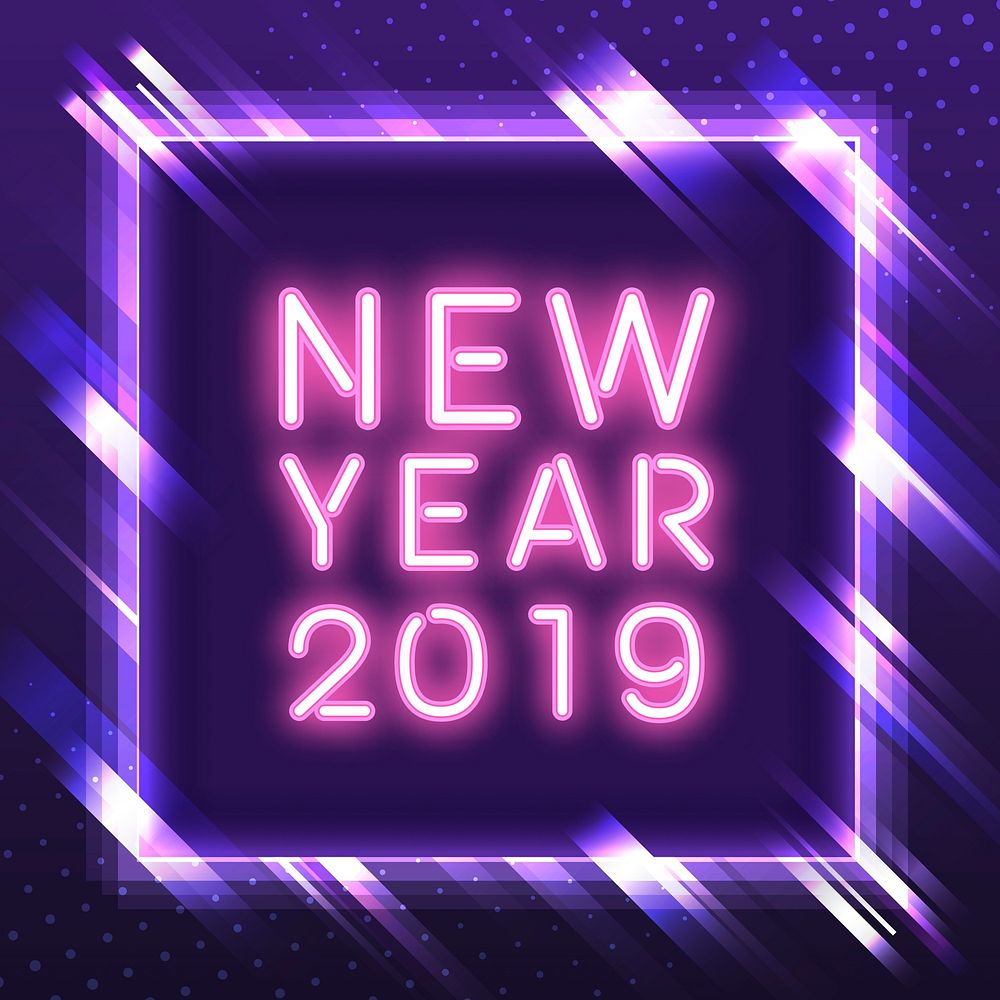 Pink new year 2019 in a purple square neon sign vector