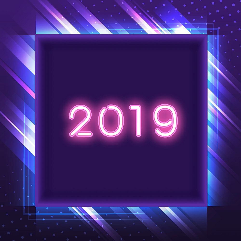 Pink 2019 in a blue square neon sign vector