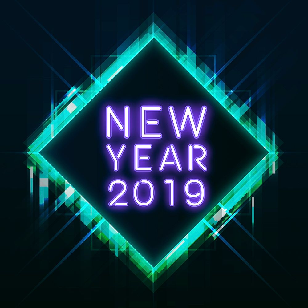 Purple new year 2019 in a green square neon sign vector