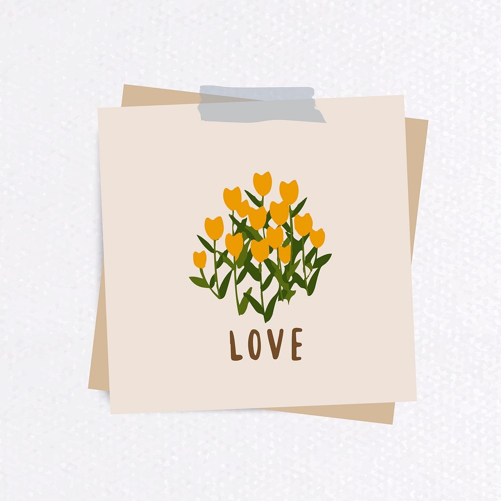 Love word message and flowers on notepaper set with sticky tape on textured background vector
