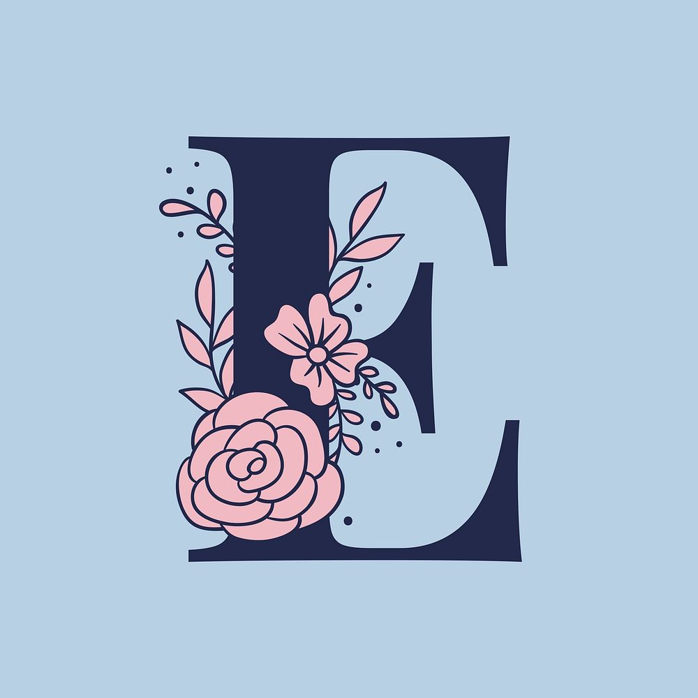 Floral letter E psd alphabet typography