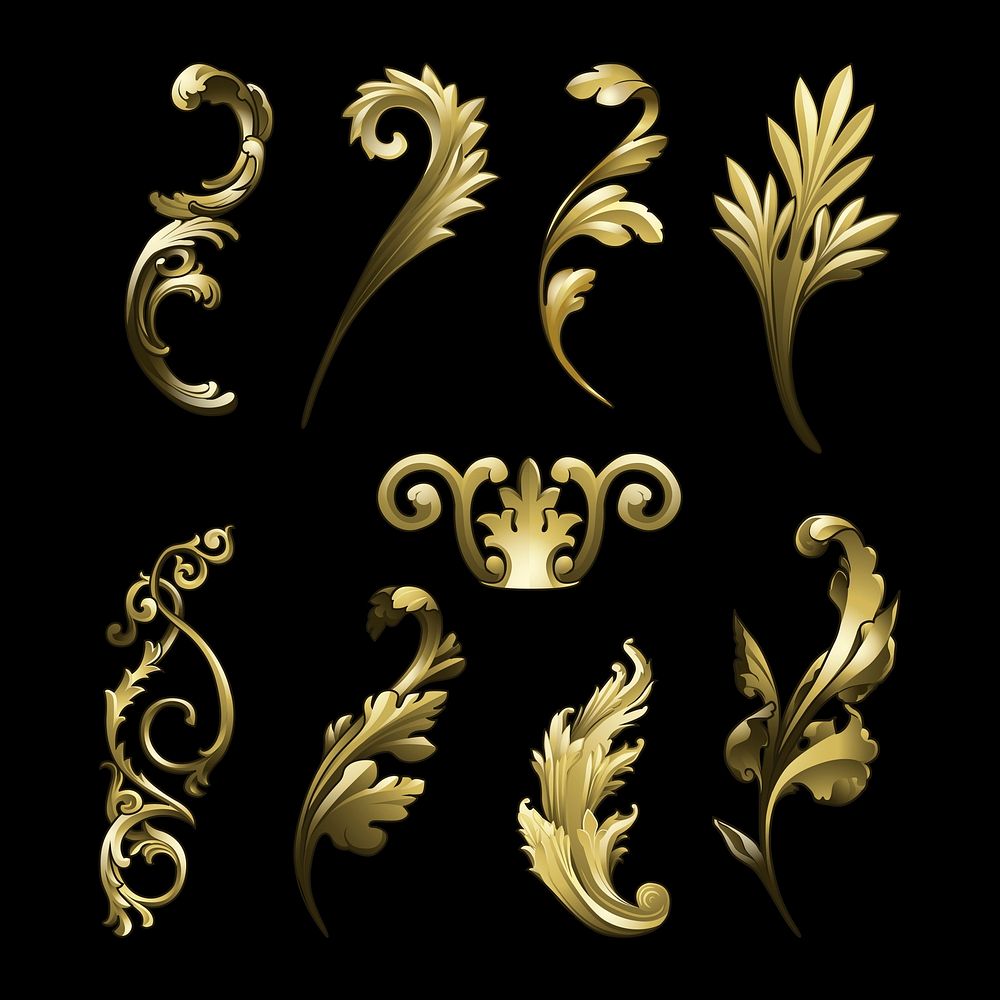 Golden Baroque flourish elements vector set