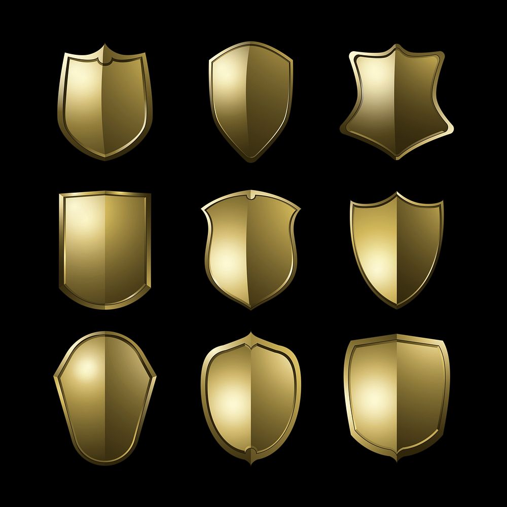 Golden Baroque shield elements vector set