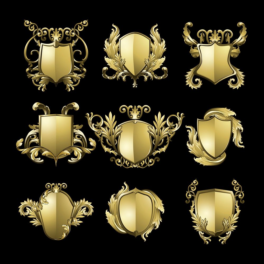 Golden Baroque shield elements vector set