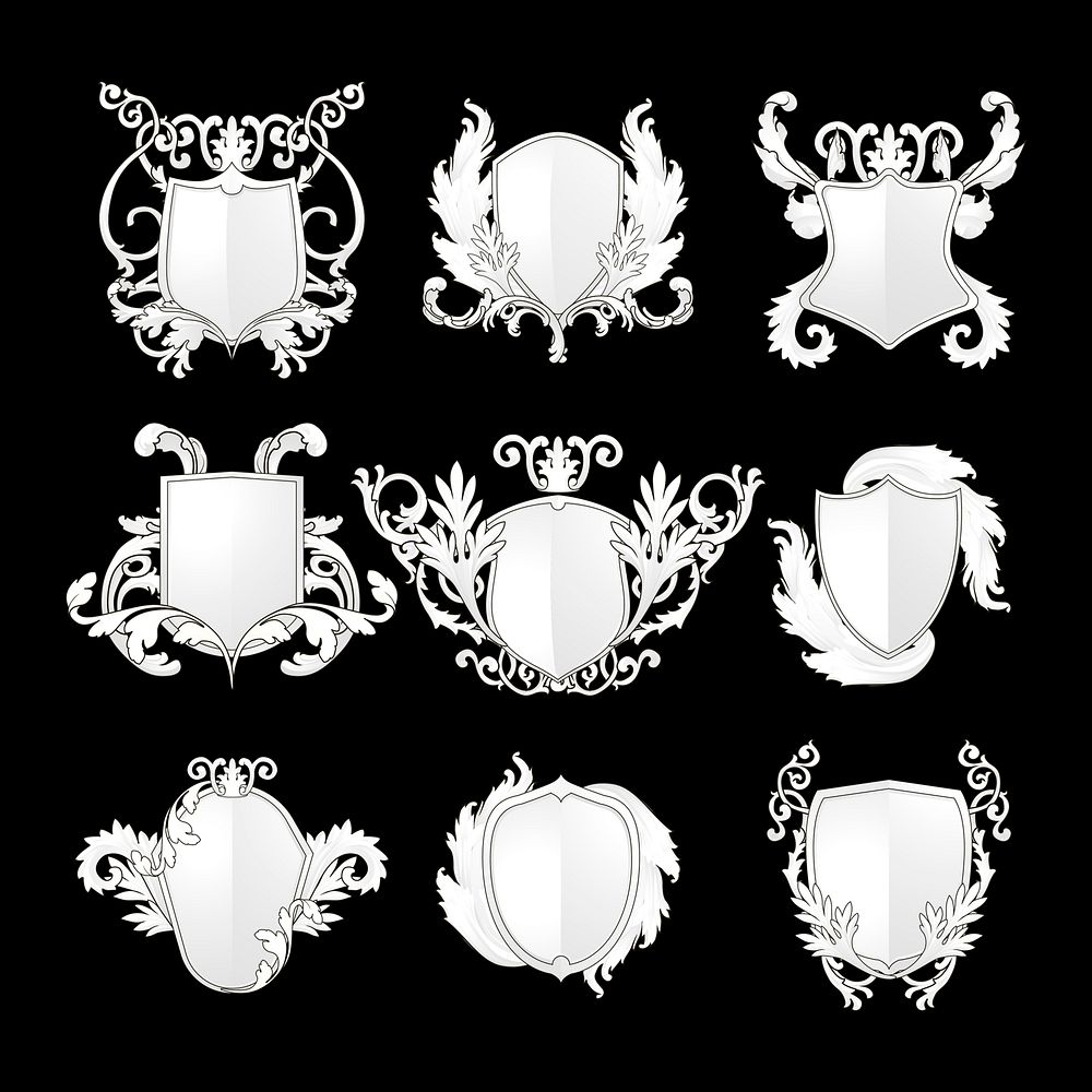 White Baroque shield elements vector set