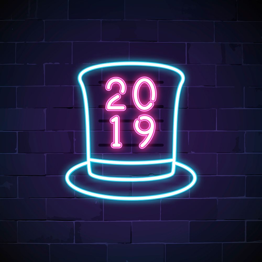 2019 in a blue top hat neon sign vector