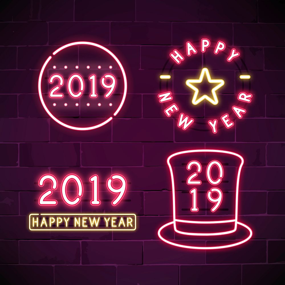 Happy new year 2019 neon sign vector set