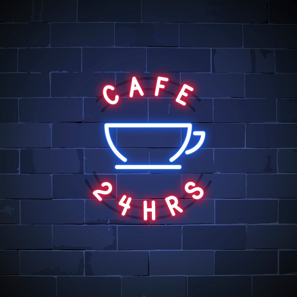 24 hours cafe neon sign vector