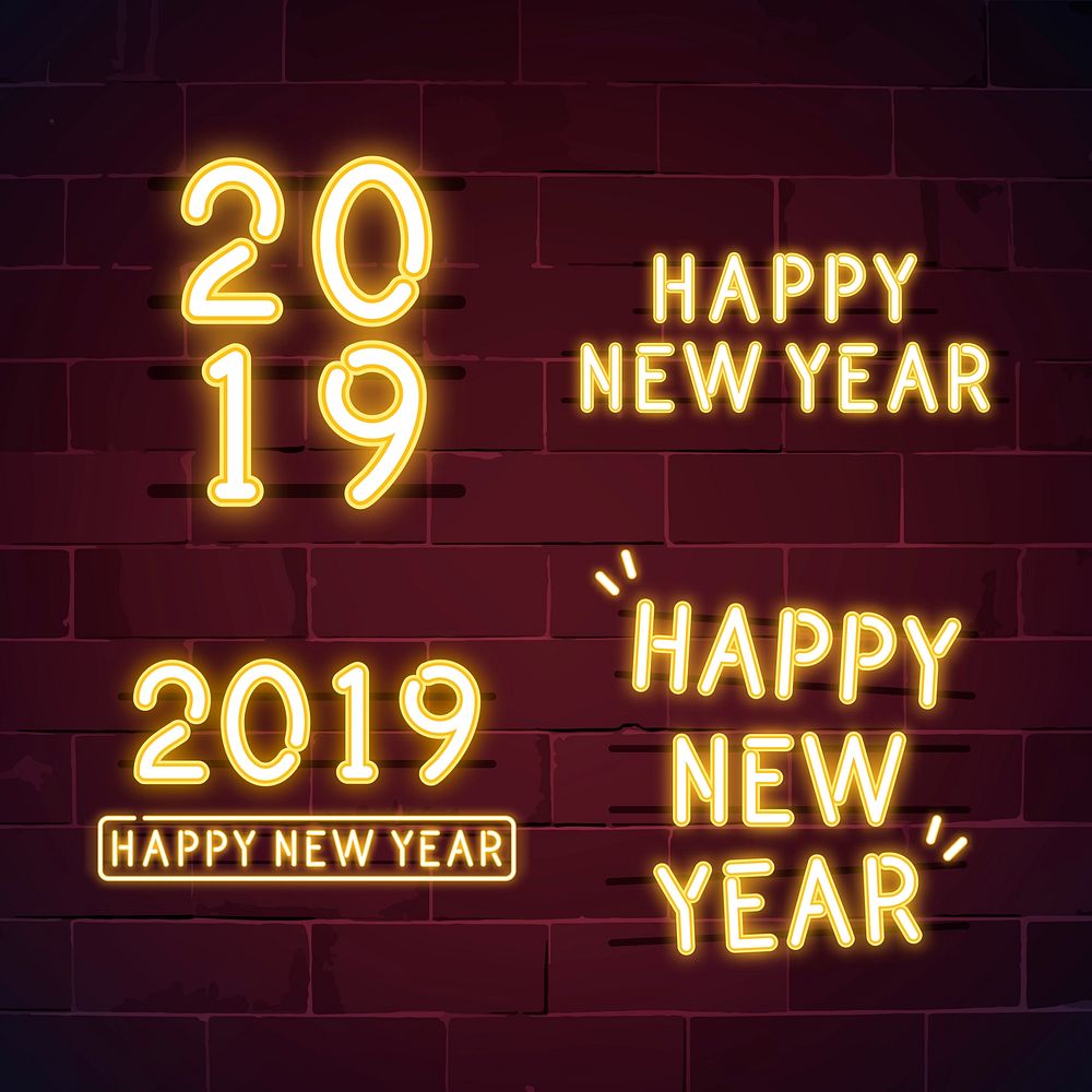 Happy new year 2019 neon sign vector set