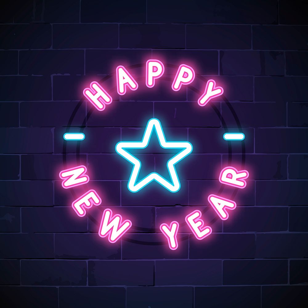 Pink happy new year neon sign vector