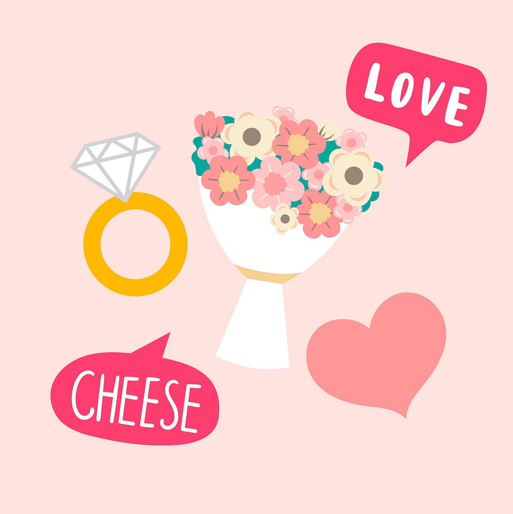 Flower bouquet and diamond ring wedding photo booth props vector