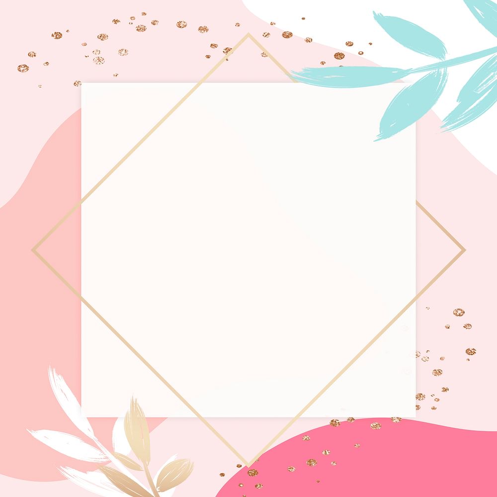 Pastel pink Memphis psd square gold frame with leaves