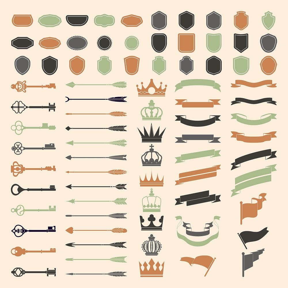 Shield, arrow badge, medieval design set vector