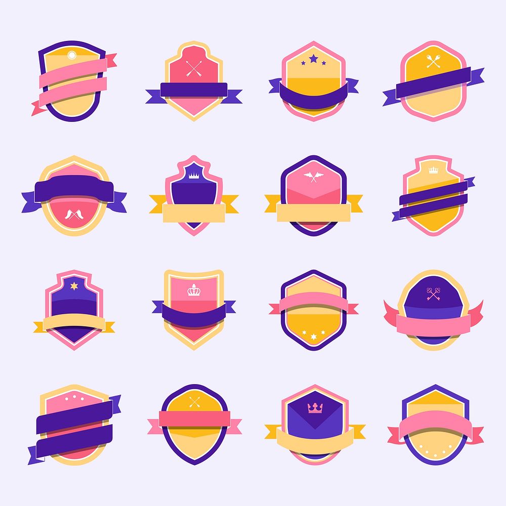 Set of colorful shield icon embellished with banner vectors