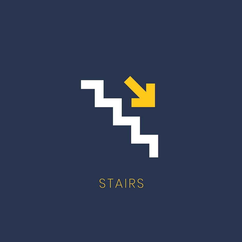 Blue down arrow stairs icon sign vector