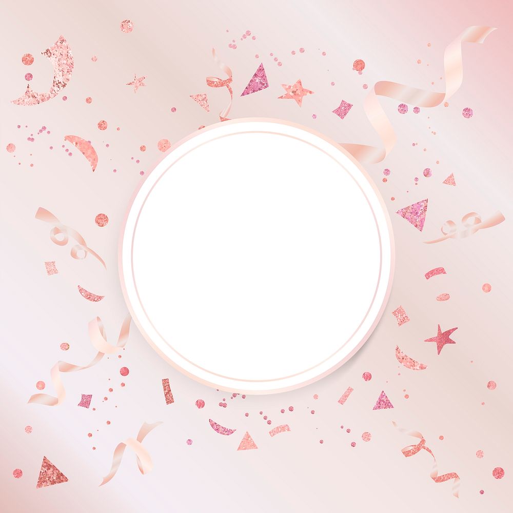 Blank rose pink confetti golden circular badge vector